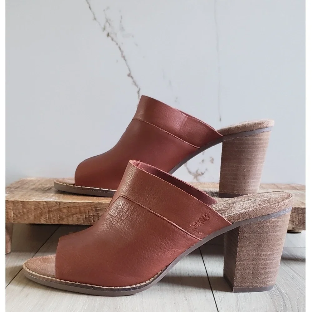 Toms Majorca Mule Sandals Womens 11 Brown‎ Cognac Leather Block Heel New